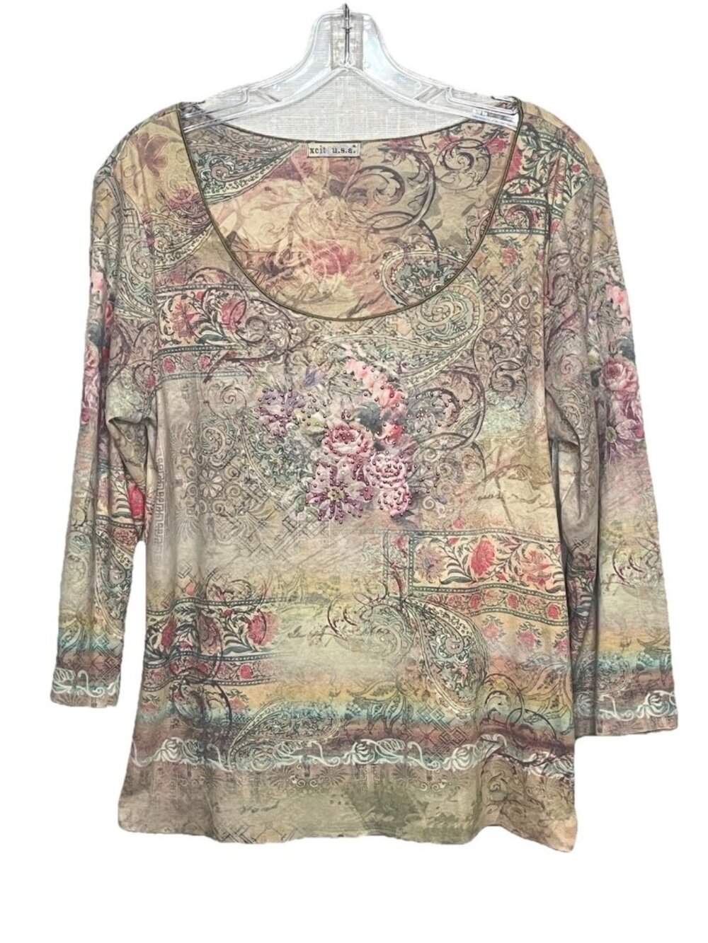XCIT USA FLoral Paisley Embellished Top XL (Fits M) Beige Boho Y2K Grunge Fairy